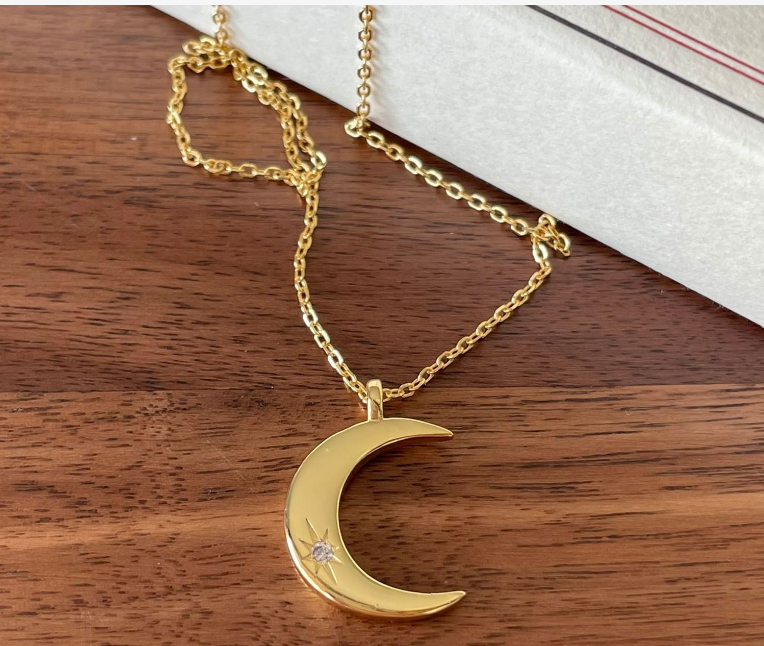 Crescent Moon Necklace with Zirconia and 14k Gold