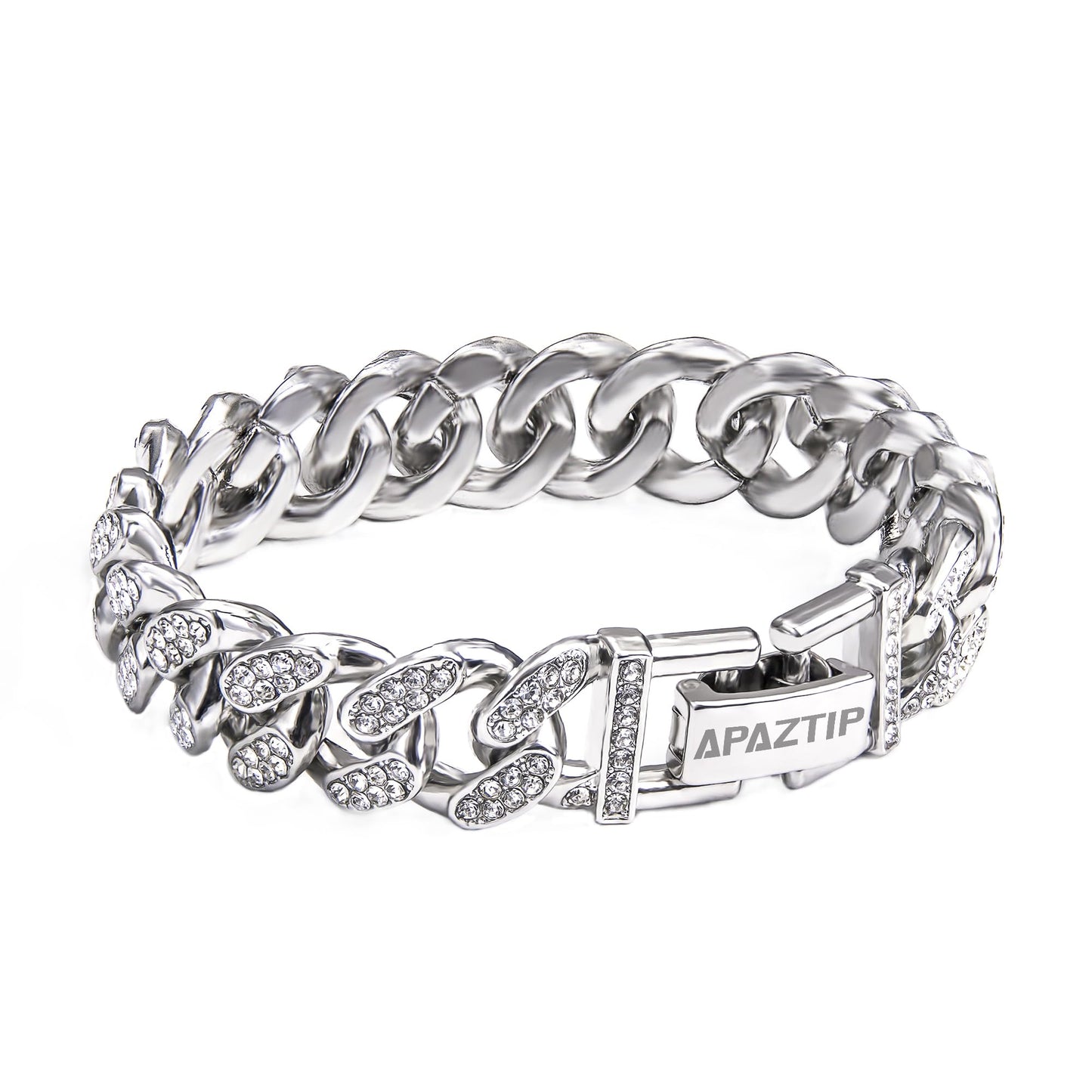 APaztip 12mm Stainless Steel Cuban Link Bracelet for Men Silver 8 Bracelet Iced Out Thick Chain for Women Bling Diamond Bracelet Cut Cuban Link Chains for Men Hip Hop Jewelry