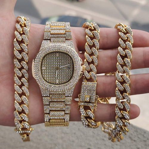 Gold-Plated Hip Hop Men's Jewelry Set with Rhinestones