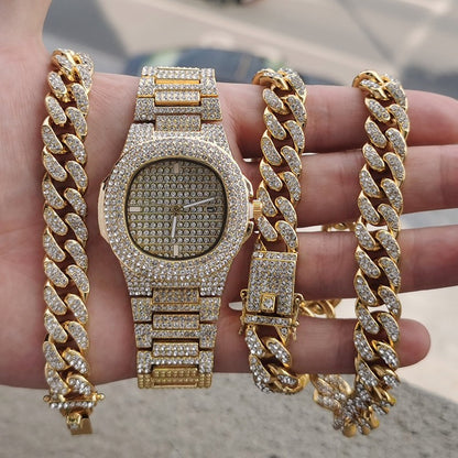 Gold-Plated Hip Hop Men's Jewelry Set with Rhinestones