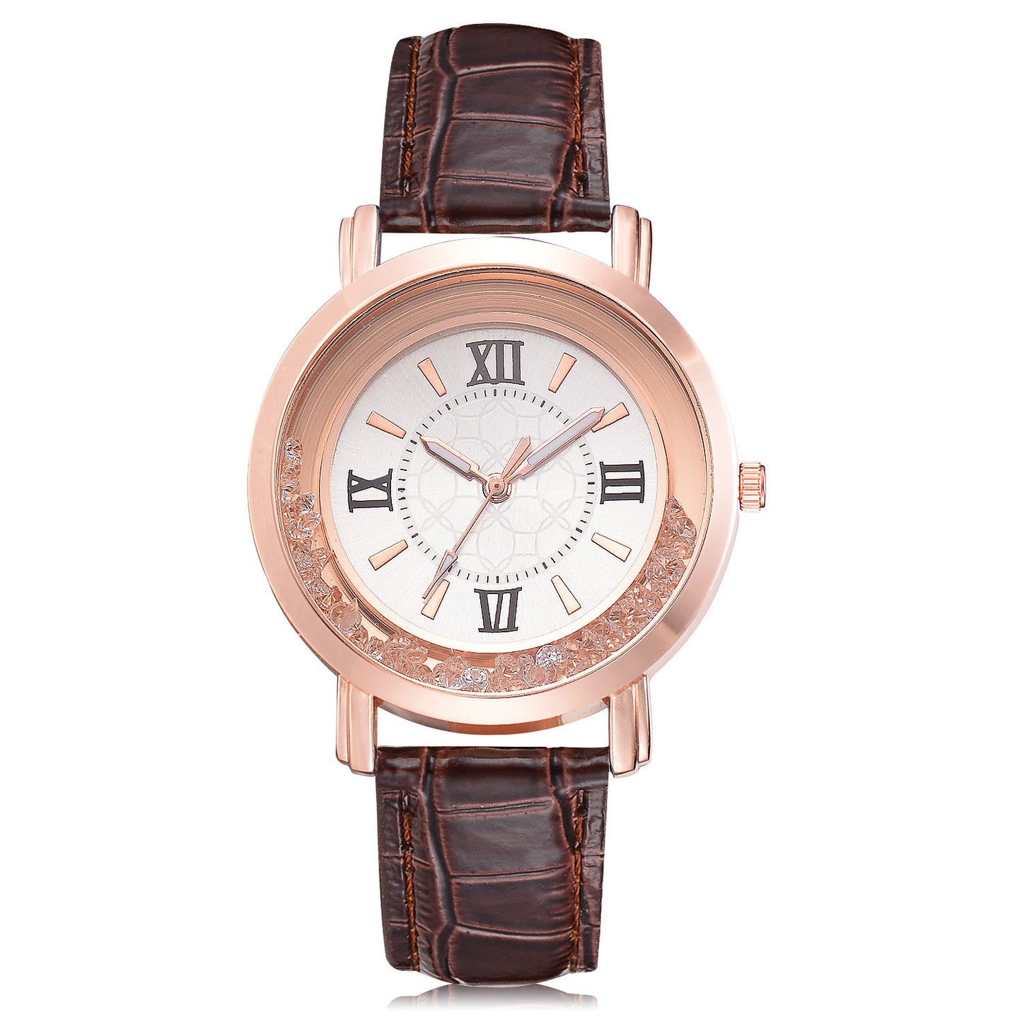Women's Quartz Watch with Rhinestones and Leather Band