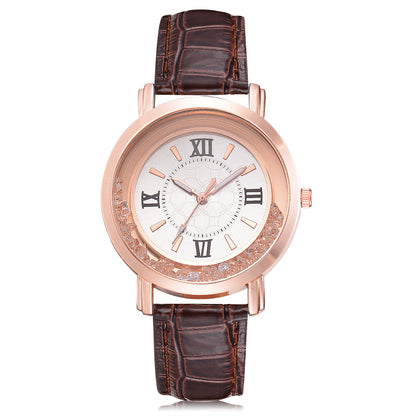 Women's Quartz Watch with Rhinestones and Leather Band