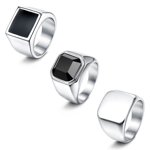 SAILIMUE 3Pcs Stainless Steel Signet Rings for Men Women Black Silver Simple Square Agate Solid Polished Biker Band Pinky Thumb Rings Set Size 13