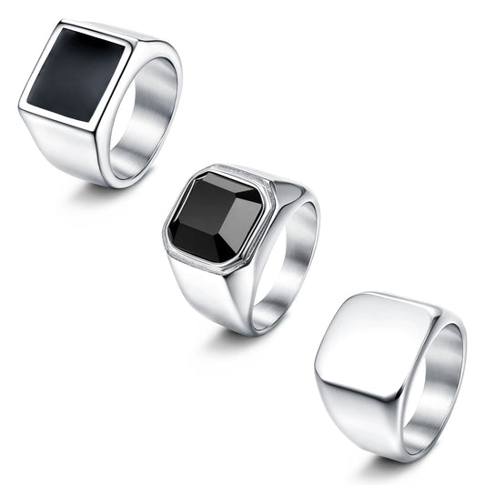 SAILIMUE 3Pcs Stainless Steel Signet Rings for Men Women Black Silver Simple Square Agate Solid Polished Biker Band Pinky Thumb Rings Set Size 13