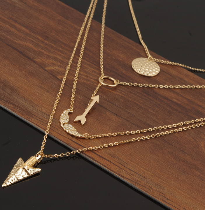 Angel Wing Necklace with Layered Design and Arrow Pendant
