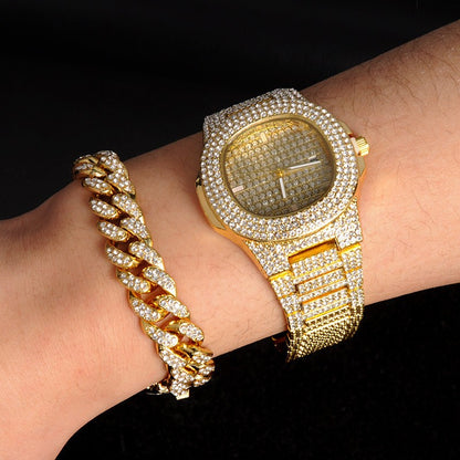 Gold-Plated Hip Hop Men's Jewelry Set with Rhinestones