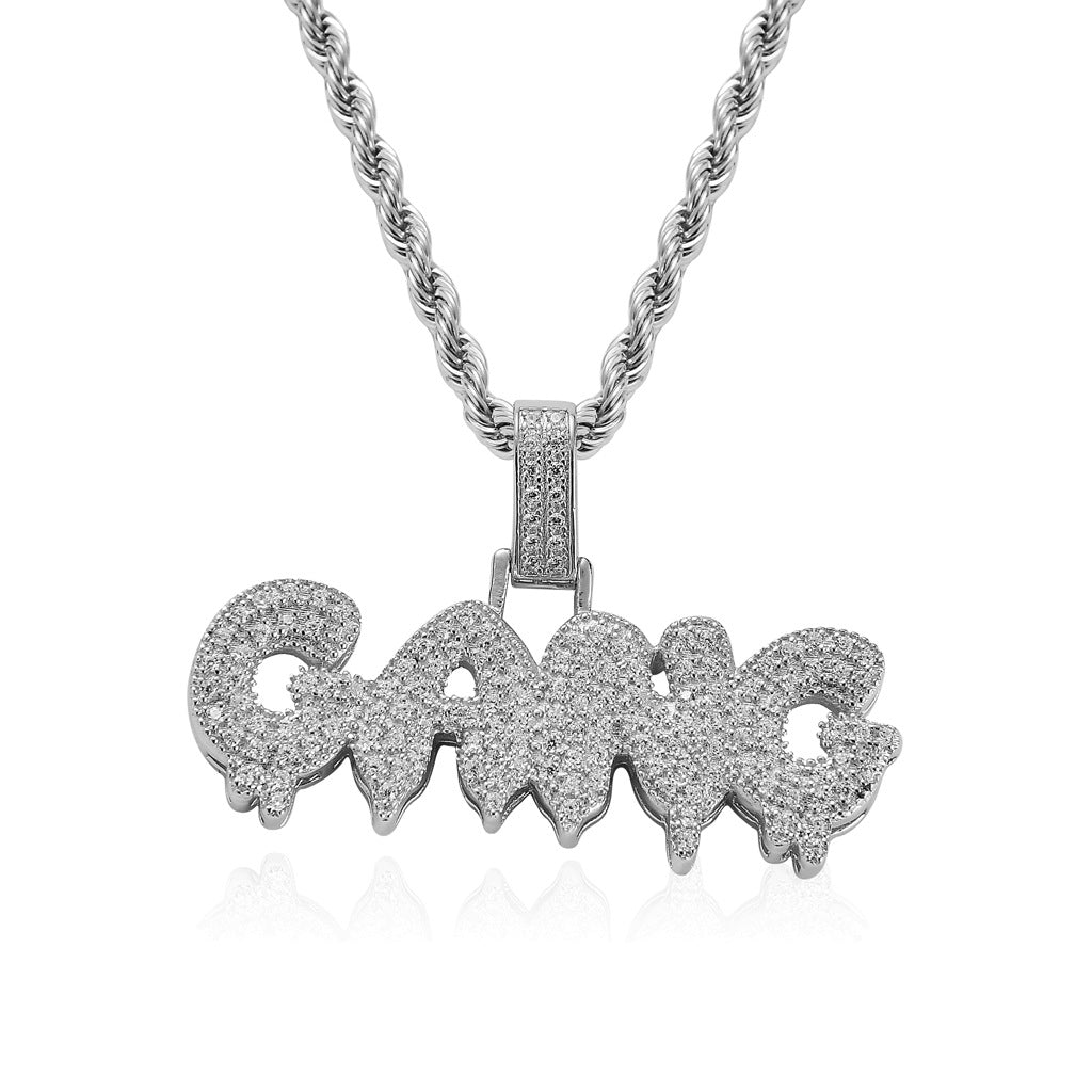 GANG Letter Hip Hop Pendant Necklace with Zirconia