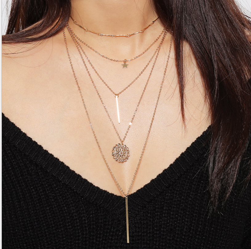 Vintage Multi-Element Layered Necklace Set with Sunflower