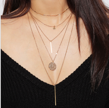 Vintage Multi-Element Layered Necklace Set with Sunflower