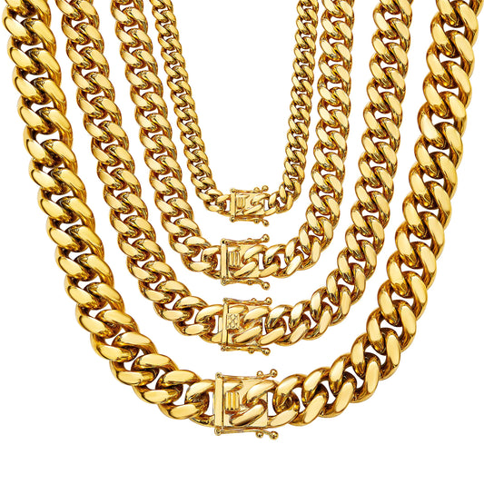 Gold Cuban Link Chain Necklace or Bracelet with Design Box Clasp for Men 18K Gold Stainless Steel Hip Hop Miami Curb Chains(12MM 24")