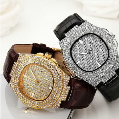Women's Leather Strap Watch with Diamonds, Fashionable Design
