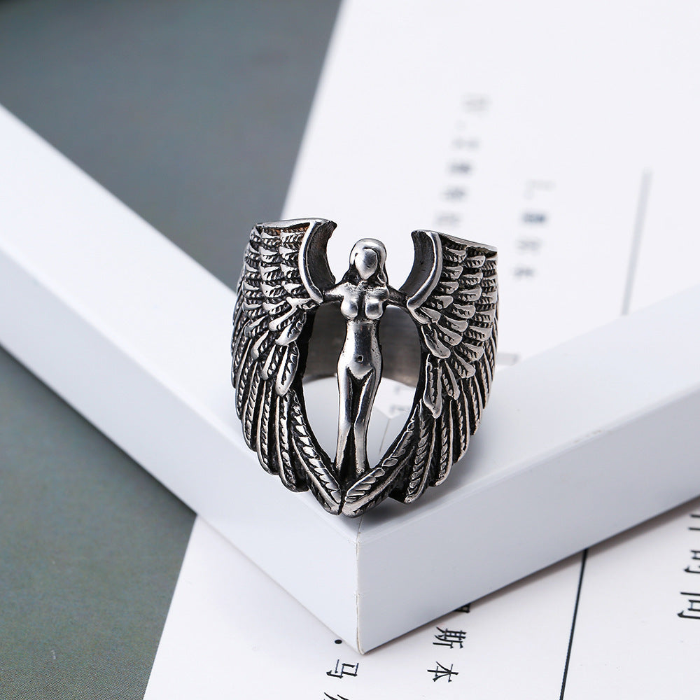 Men's Titanium Steel Ring with Gothic Cross and Wings