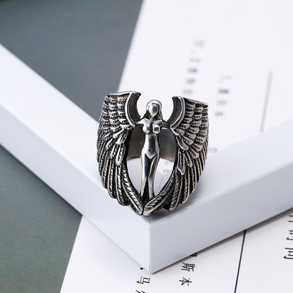 Men's Titanium Steel Ring with Gothic Cross and Wings