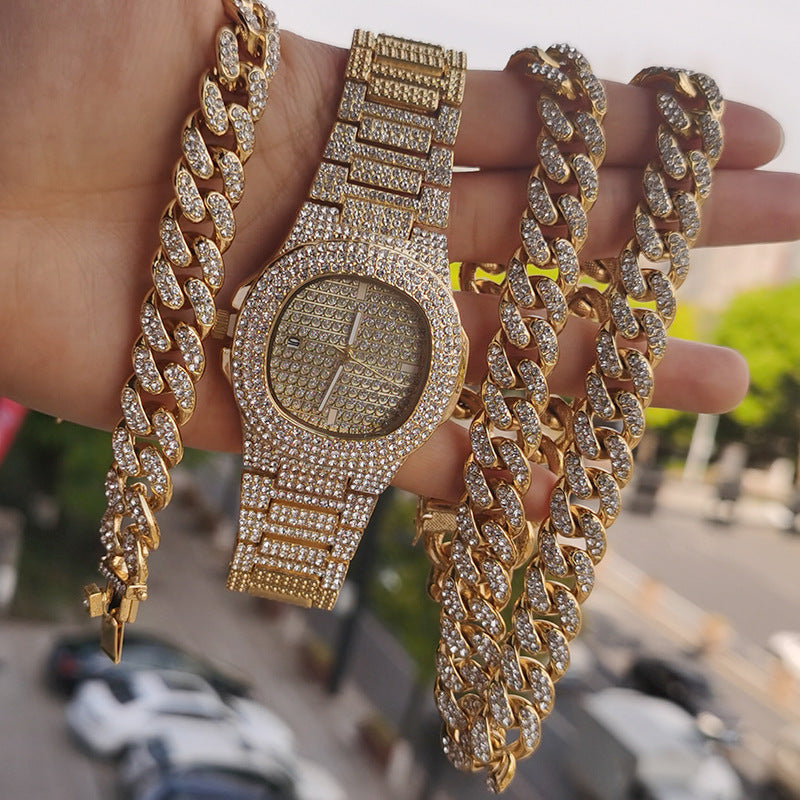Hip Hop Men's Cuban Chain Necklace Bracelet Set
