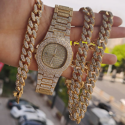 Hip Hop Men's Cuban Chain Necklace Bracelet Set