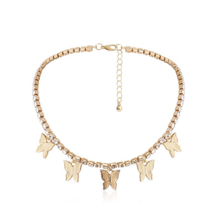 Hip Hop Rhinestone Butterfly Pendant Necklace for Women