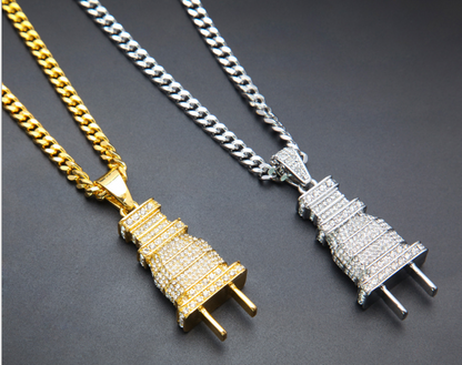 Full Rhinestone Plug Necklace with Hip Hop Pendant
