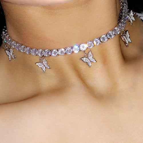 Hip Hop Rhinestone Butterfly Pendant Necklace for Women