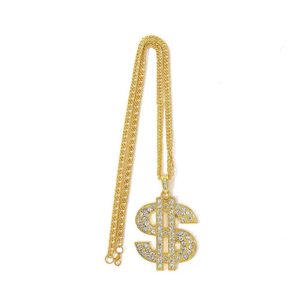 Retro Hip Hop Dollar Sign Necklace with Diamond Pendant