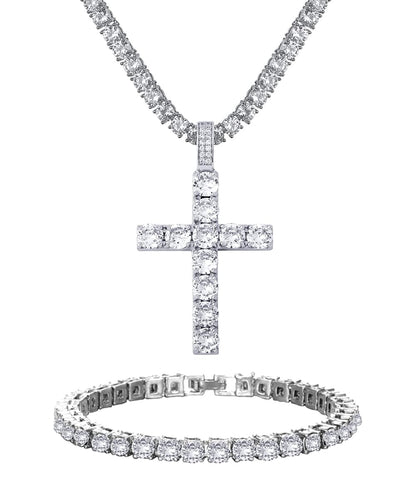 Ronglry Cuban Link Chain for Women Men Miami Silver Cuban Chain Necklace Tennis Chain With Cross Necklace Diamond Cross Pendant Necklace Bling Miami Cuban Necklace Bracelet Set Mens Iced Out Chains Hip Hop Necklace Jewelry Gifts-Cross20"