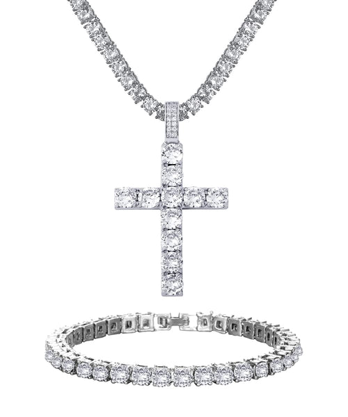 Ronglry Cuban Link Chain for Women Men Miami Silver Cuban Chain Necklace Tennis Chain With Cross Necklace Diamond Cross Pendant Necklace Bling Miami Cuban Necklace Bracelet Set Mens Iced Out Chains Hip Hop Necklace Jewelry Gifts-Cross20"