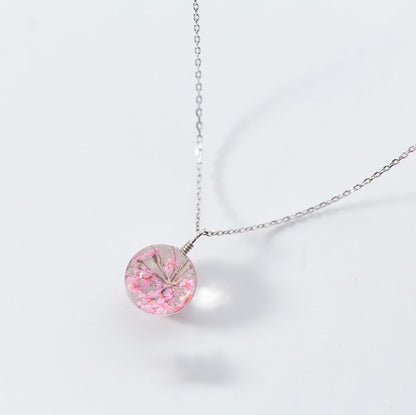 S925 Silver Flower Pendant Necklace with Dried Flowers