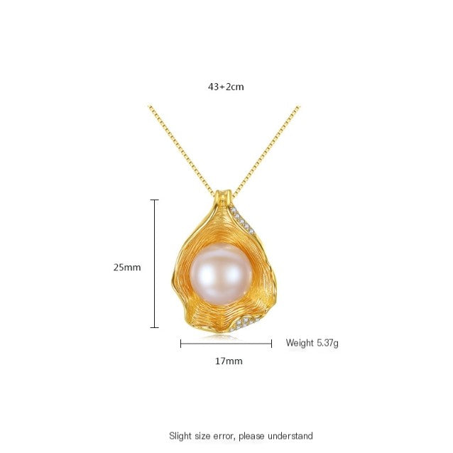 Silver Necklace with Shell Design and Natural Pearl Pendant