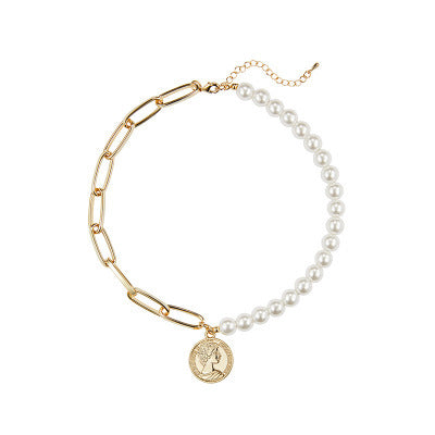 Vintage Pearl Cross Necklace with Queen Coin Pendant