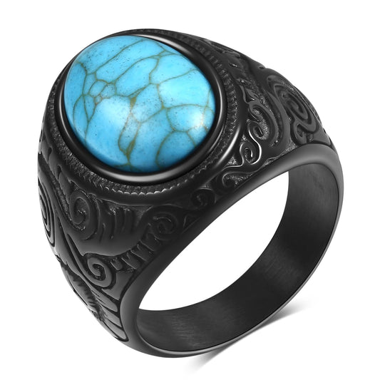 LXBQYSTO Retro Large Tiger Eye Stone Turquoise Wedding Ring For Men Classical Gothic Stainless Steel Rings (Black-Blue 10)