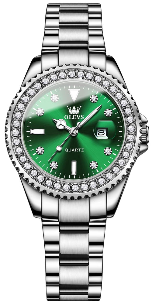 OLEVS Watches for Women Diamond Luxury Dress Silver Wrist Watch Stainless Steel Waterproof Luminous Date