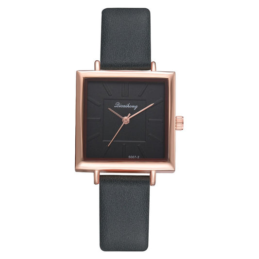 Fashionable Women's Square Watch with Leather Strap