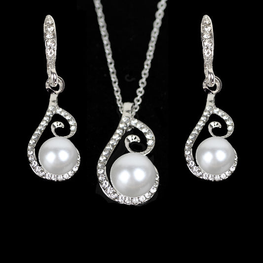 Bridal Jewelry Set with Pearl and Rhinestone Earrings
