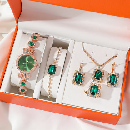 Women's Watch and Bracelet Set with Green Gemstone